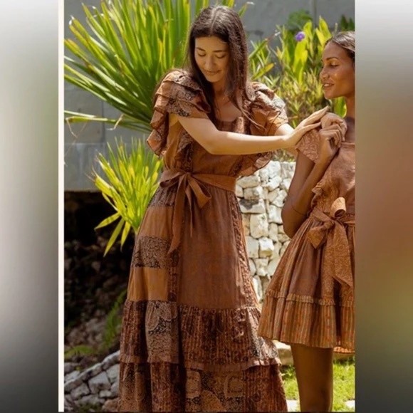 Cleobella Avani Midi Dress Patchwork Ruffle Boho‎ Festival Style XS - Picture 12 of 13